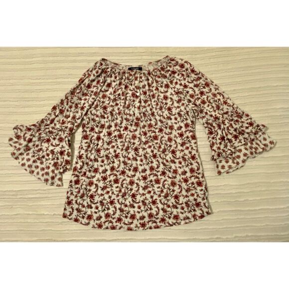 Woman’s Chaps SZ S/P/CH Pink/White Floral Print Blouse With Bell Sleeves - Picture 2 of 5